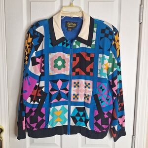 Bob Mackie Wearable Art Silk Jacket Geometric Quilt Print Size Large Full Zip